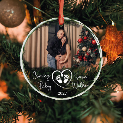 Coming soon baby 2027 round glass photo ornament with heart baby feet