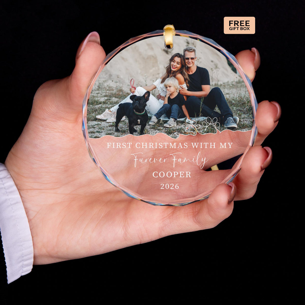 Dog adoption glass Christmas ornament with paw prints
