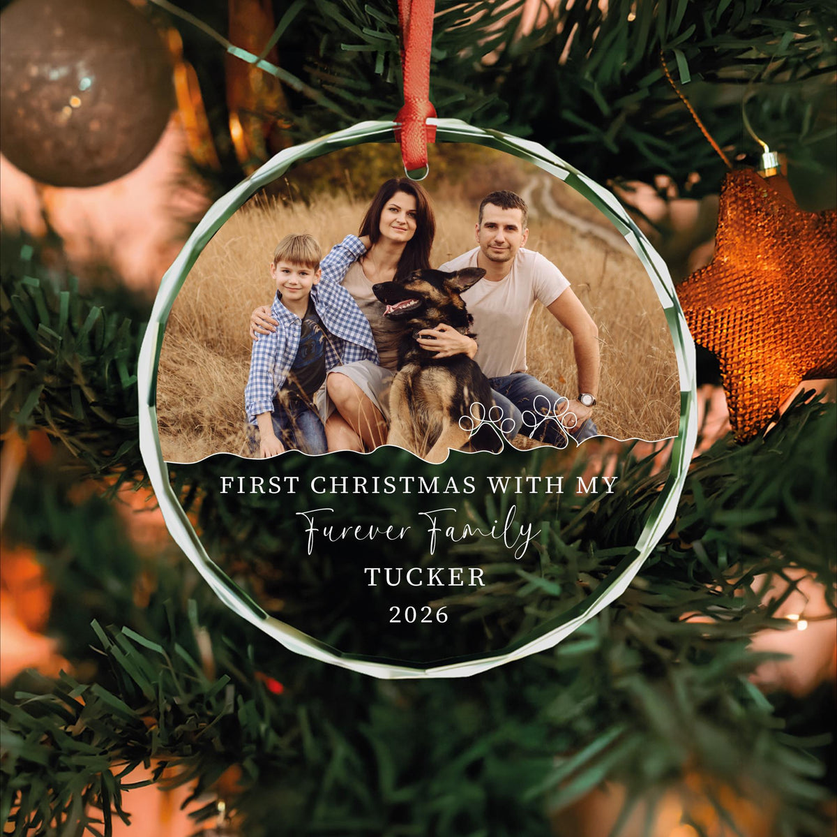 Personalized first Christmas with my furever family rescue dog round glass photo ornament with name and year