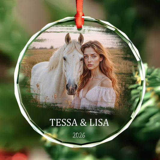 Personalized horse and rider photo clear glass ornament with names