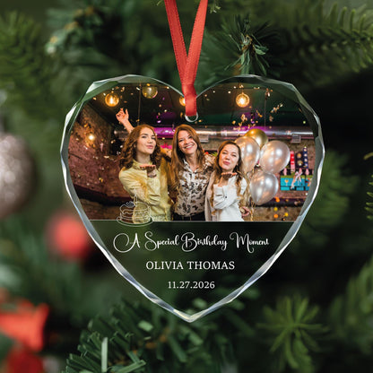 Personalized birthday memory photo glass ornament with name and date