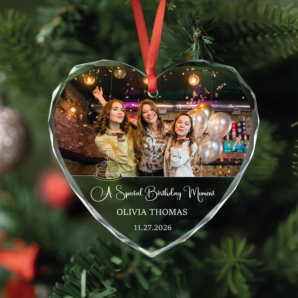 Personalized Birthday Memory Photo Ornament with Name and Date, Glass Birthday Keepsake