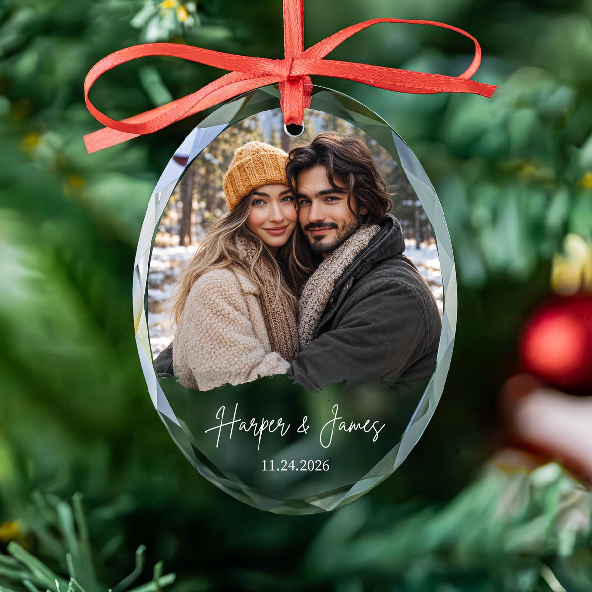 Engagement couple photo ornament in round, heart and oval glass shapes