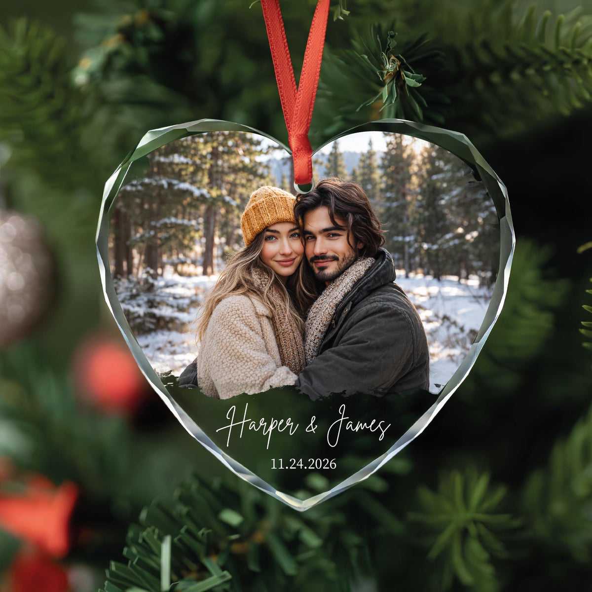Personalized engagement photo heart glass ornament with brush stroke frame, couple names and date