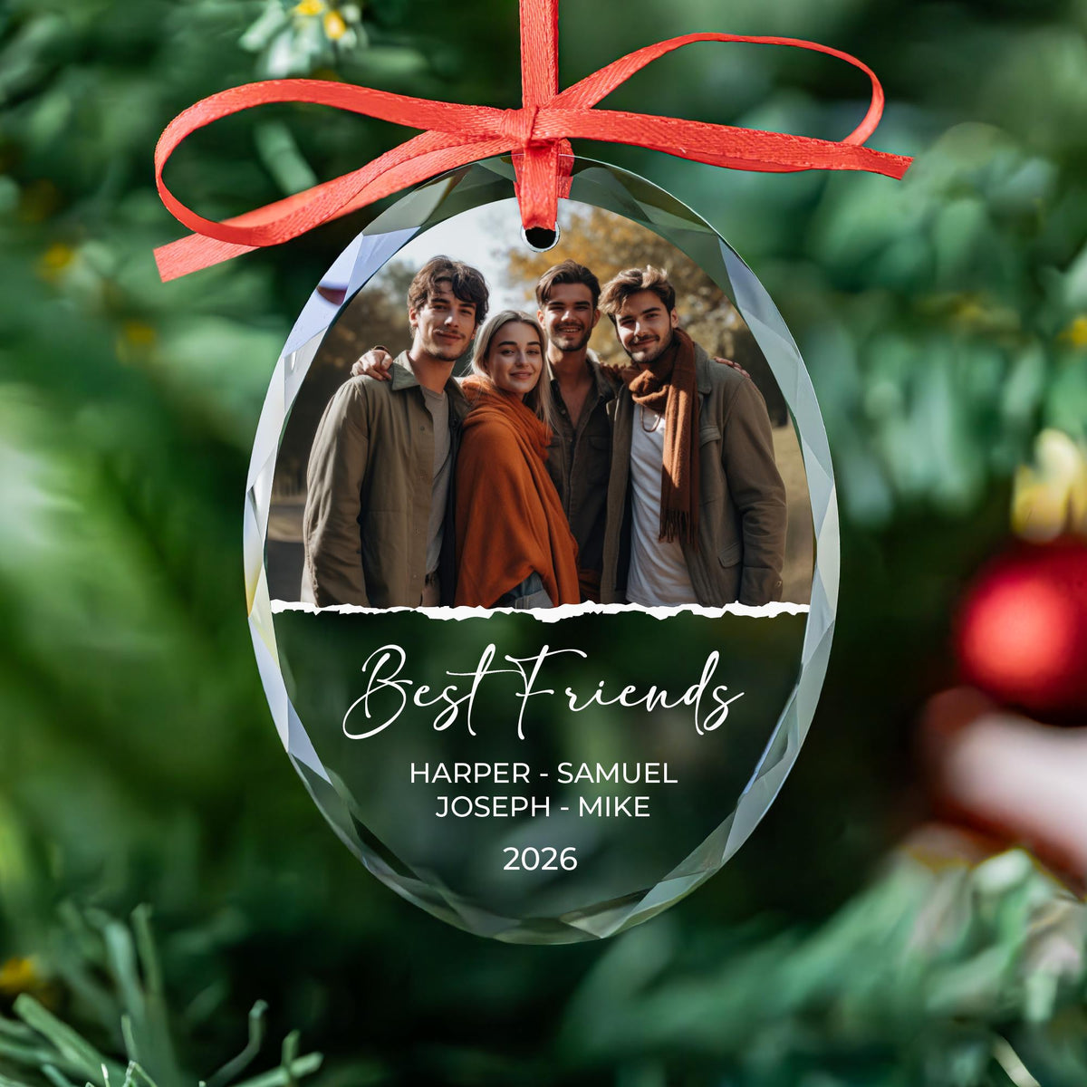 Best friends photo ornament in round, heart and oval glass shapes