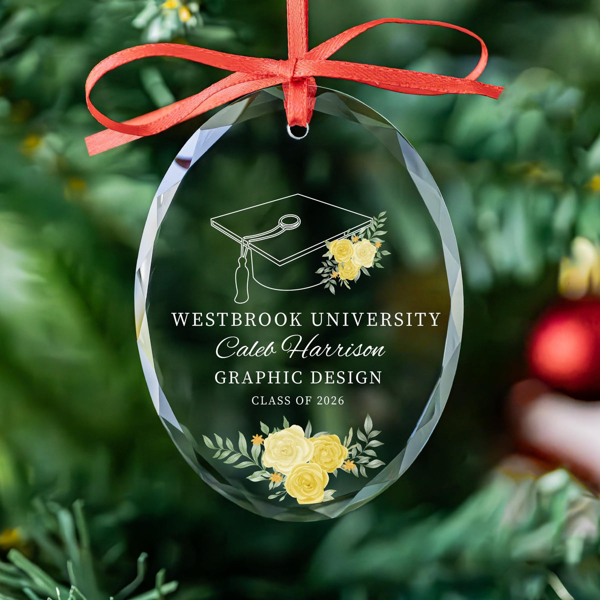 Graduate keepsake ornament in round, heart and oval glass shapes