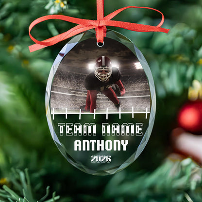 Personalized football photo glass ornament with player name and team
