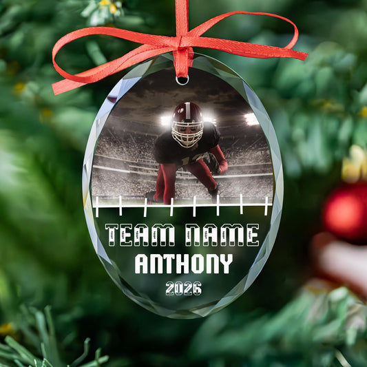Personalized football photo glass ornament with player name and team