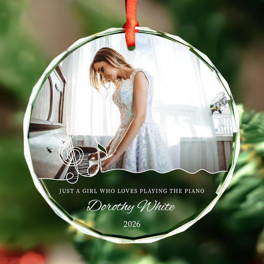 Personalized piano player photo glass ornament with name and year