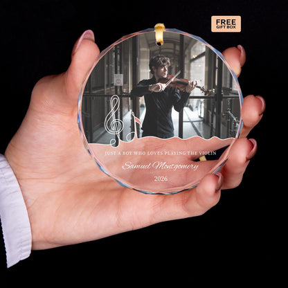 Music keepsake round glass piano ornament