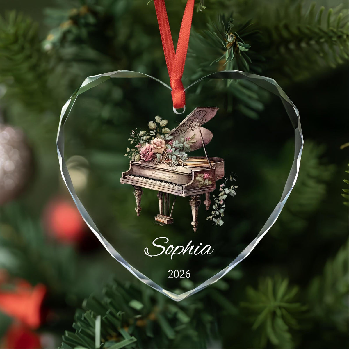 Personalized grand piano glass ornament with name and year